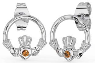 Citrin Weiß Gold Claddagh Zucht Ohrringe