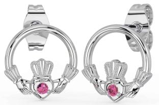 Roze Toermalijn Wit Goud Claddagh Stud Oorbellen