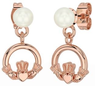 Pearl Rose Gold Silver Claddagh Dangle Earrings