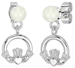 Pérola Branco Ouro Claddagh Pendurar Brincos