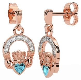 Diamond Aquamarine Rose Gold Silver Claddagh Dangle Earrings
