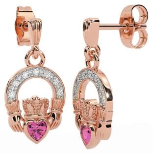 Diamond Pink Tourmaline Rose Gold Silver Claddagh Dangle Earrings