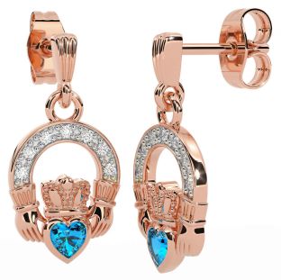 Diamond Topaz Rose Gold Silver Claddagh Dangle Earrings