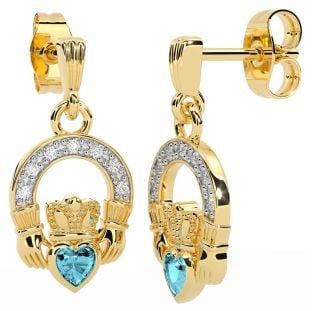 Diamond Aquamarine Gold Silver Claddagh Dangle Earrings