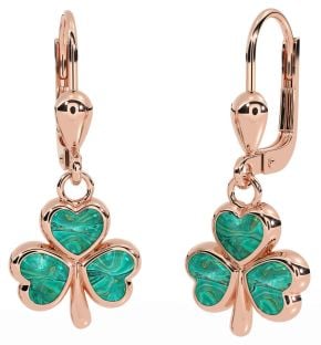 Green Agate Rose Gold Silver Shamrock Dangle Earrings