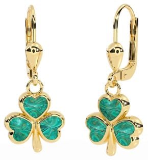 Green Agate Gold Silver Shamrock Dangle Earrings