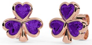 Amethyst Rose Gold Silver Shamrock Stud Earrings