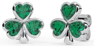 Emerald Silver Shamrock Stud Earrings