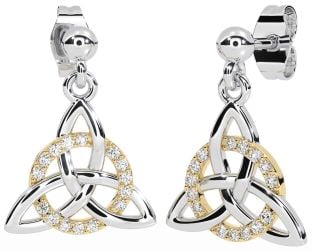 Diamond White Yellow Gold Celtic Trinity Knot Dangle Earrings