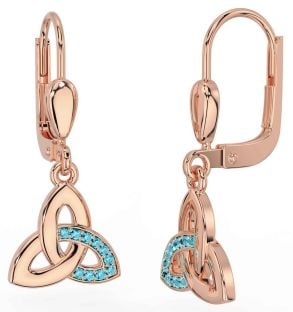 Aquamarine Rose Gold Silver Celtic Trinity Knot Dangle Earrings