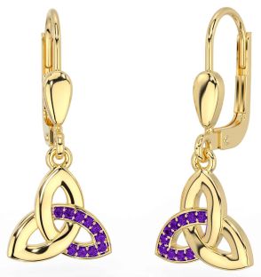 Amethyst Gold Silver Celtic Trinity Knot Dangle Earrings