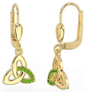 Peridot Gold Silver Celtic Trinity Knot Dangle Earrings