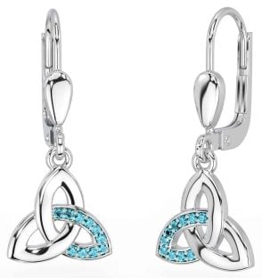 Aquamarine Silver Celtic Trinity Knot Dangle Earrings