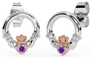 Amethyst Rose Gold Silver Claddagh Stud Earrings