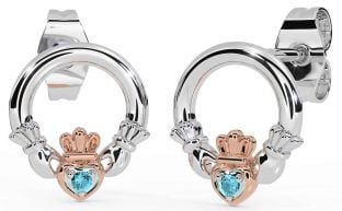 Aquamarine Rose Gold Silver Claddagh Stud Earrings