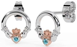 Aquamarine Rose Gold Silver Claddagh Stud Earrings
