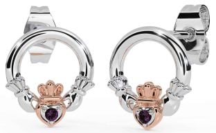 Alexandrite Rose Gold Silver Claddagh Stud Earrings