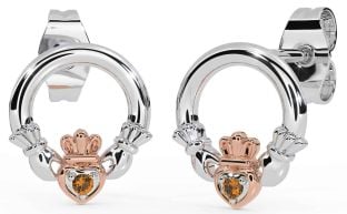 Citrine Rose Gold Silver Claddagh Stud Earrings