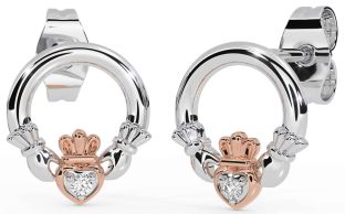 Diamond Rose Gold Silver Claddagh Stud Earrings