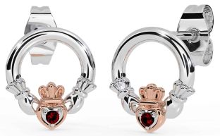 Garnet Rose Gold Silver Claddagh Stud Earrings