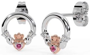 Pink Tourmaline Rose Gold Silver Claddagh Stud Earrings