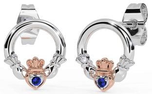 Sapphire Rose Gold Silver Claddagh Stud Earrings