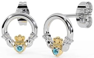 Aquamarine Gold Silver Claddagh Stud Earrings