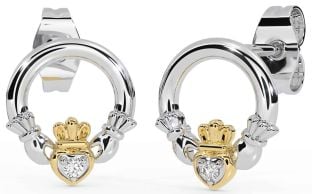 Diamond Gold Silver Claddagh Stud Earrings