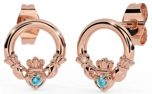 Aquamarine Rose Gold Silver Claddagh Stud Earrings