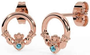 Aquamarine Rose Gold Silver Claddagh Stud Earrings