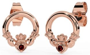 Garnet Rose Gold Silver Claddagh Stud Earrings