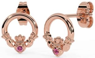 Pink Tourmaline Rose Gold Silver Claddagh Stud Earrings