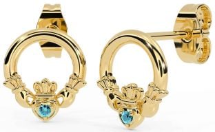 Aquamarine Gold Silver Claddagh Stud Earrings