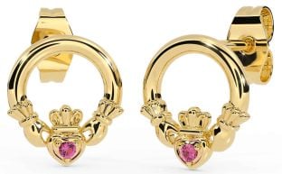 Pink Tourmaline Gold Silver Claddagh Stud Earrings