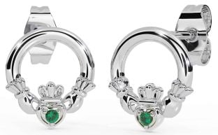 Emerald Silver Claddagh Stud Earrings