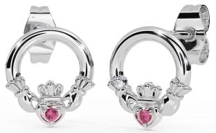 Pink Tourmaline Silver Claddagh Stud Earrings