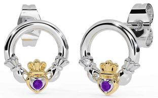 Amatista Blanco Amarillo Oro Claddagh Semental Pendientes