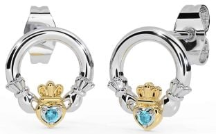 Aquamarin Weiß Gelb Gold Claddagh Zucht Ohrringe