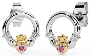 Pink Tourmaline White Yellow Gold Claddagh Stud Earrings