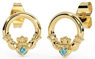 Aquamarine Gold Claddagh Stud Earrings