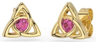 Pink Tourmaline Gold Silver Celtic Trinity Knot Stud Earrings