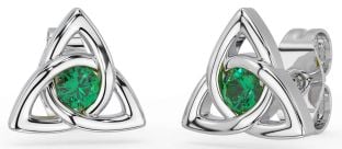 Emerald White Gold Celtic Trinity Knot Stud Earrings