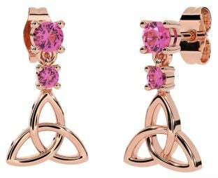 Pink Tourmaline Rose Gold Silver Celtic Trinity Knot Dangle Earrings
