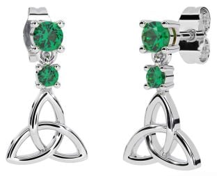 Emerald Silver Celtic Trinity Knot Dangle Earrings