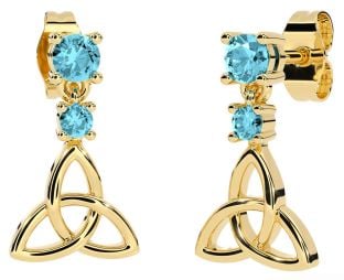 Aquamarine Gold Celtic Trinity Knot Dangle Earrings