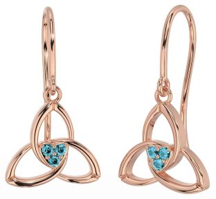 Aquamarine Rose Gold Silver Celtic Trinity Knot Dangle Earrings