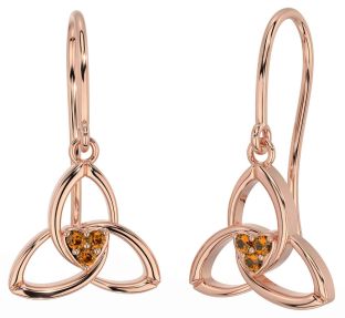 Citrine Rose Gold Silver Celtic Trinity Knot Dangle Earrings