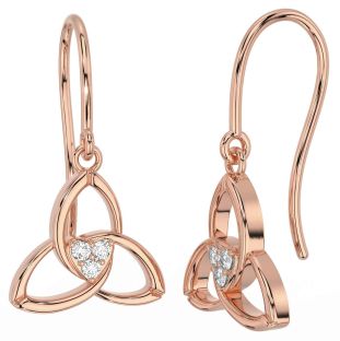 Diamond Rose Gold Silver Celtic Trinity Knot Dangle Earrings
