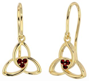 Garnet Gold Silver Celtic Trinity Knot Dangle Earrings