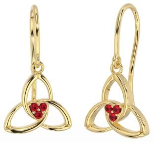 Ruby Gold Silver Celtic Trinity Knot Dangle Earrings